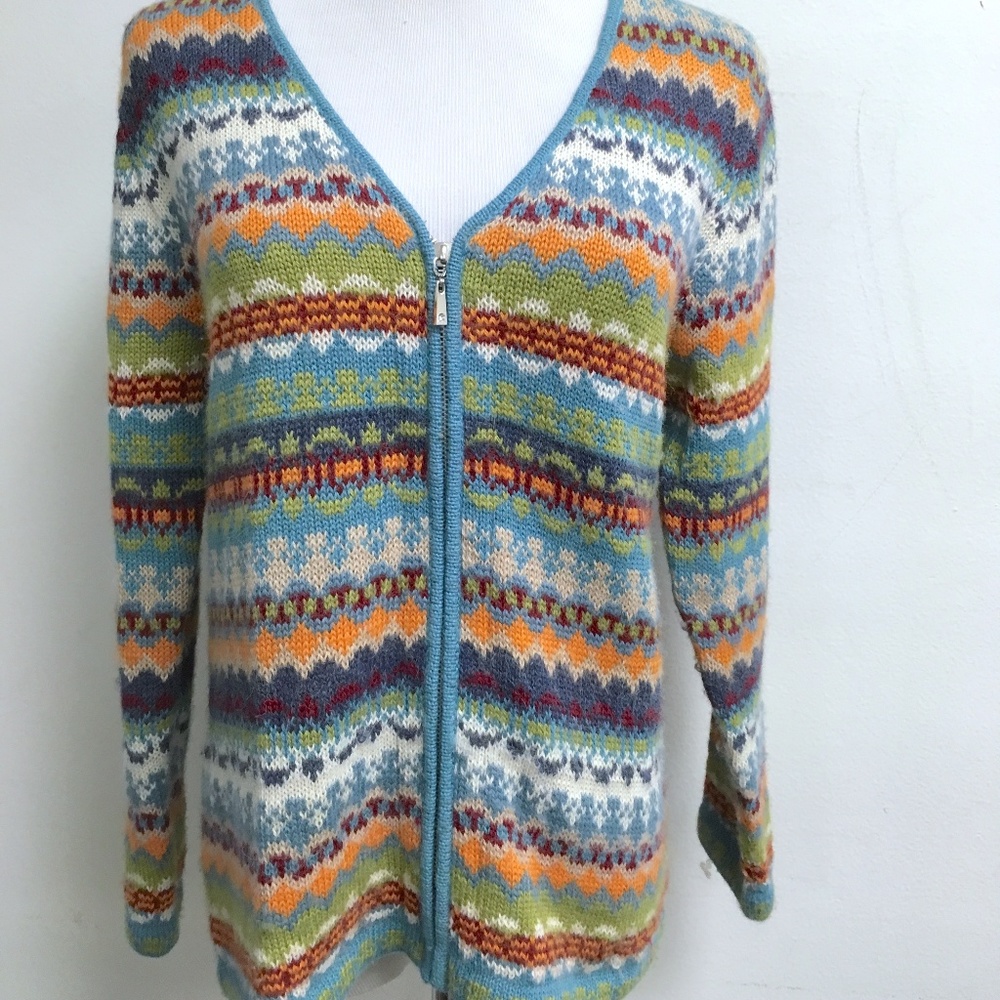 Peruvian imports Fair isle alpaca zip cardigan S